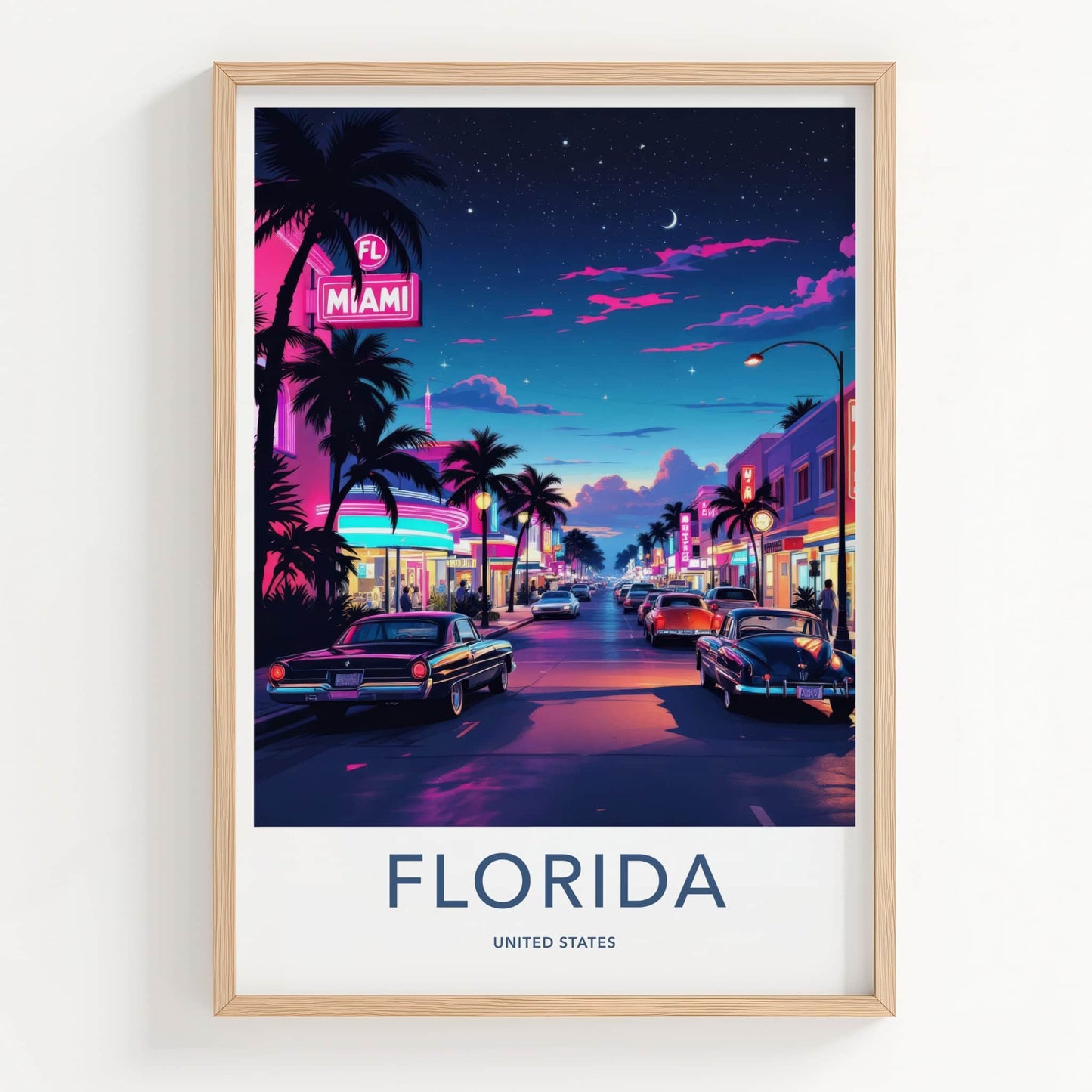 Miami Poster - Florida Travel Art - Palm Tree Lined Street Home Decor