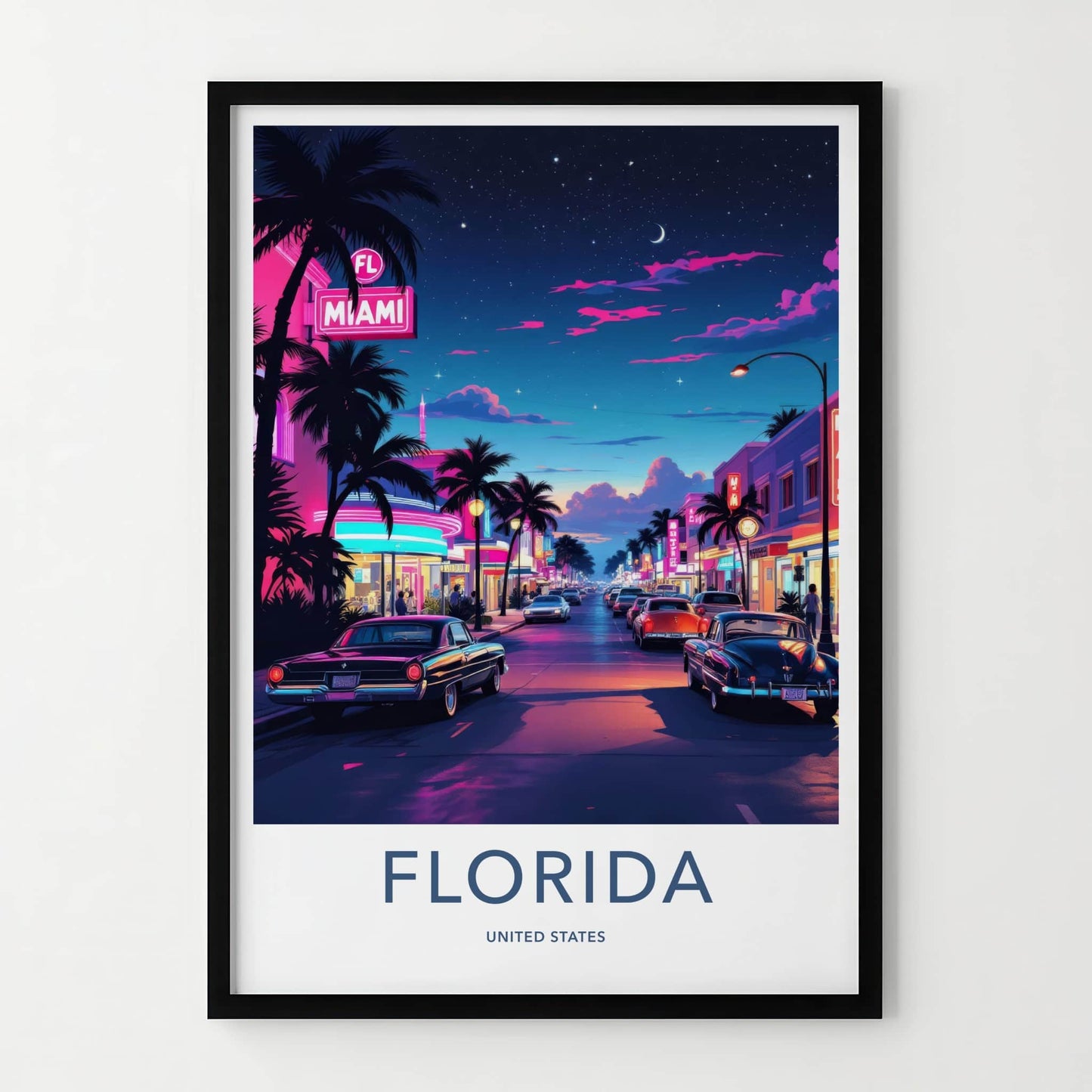 Miami Poster - Florida Travel Art - Palm Tree Lined Street Home Decor