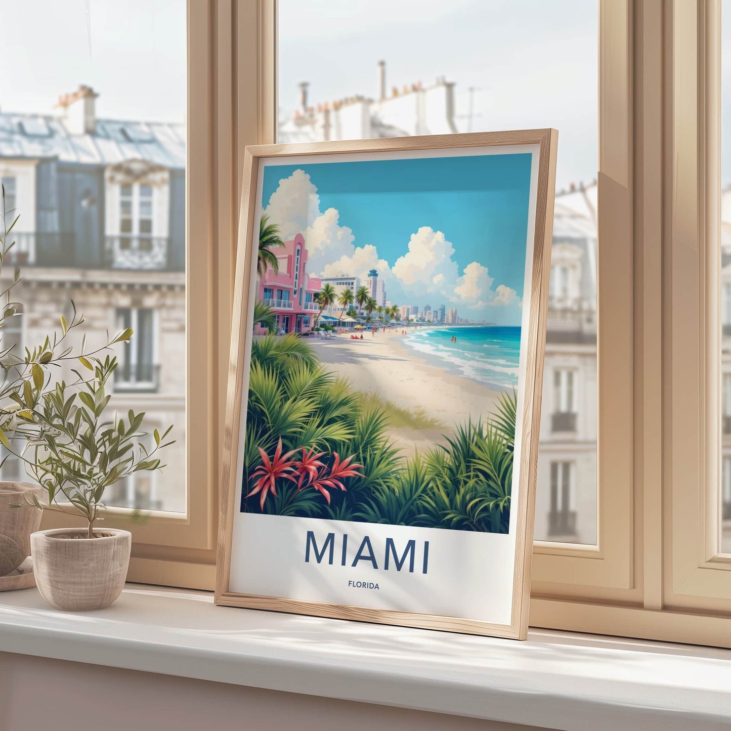 Miami Poster - Florida Travel Art - Pink Art Deco Beach Wall Decor