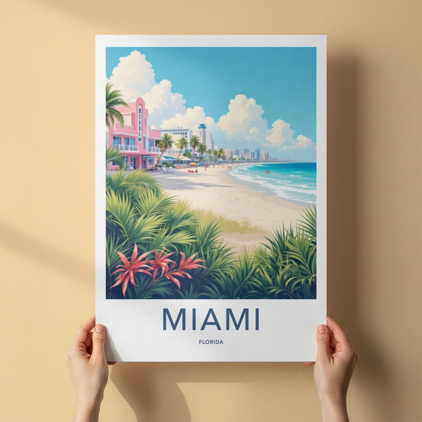 Miami Poster - Florida Travel Art - Pink Art Deco Beach Wall Decor