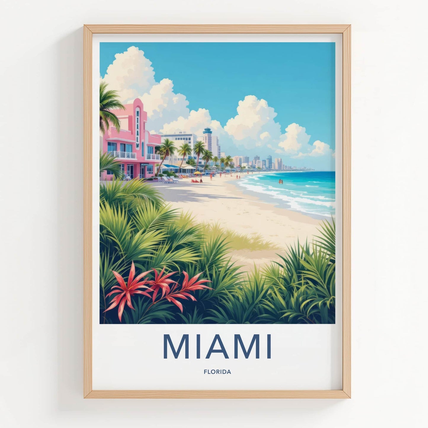 Miami Poster - Florida Travel Art - Pink Art Deco Beach Wall Decor