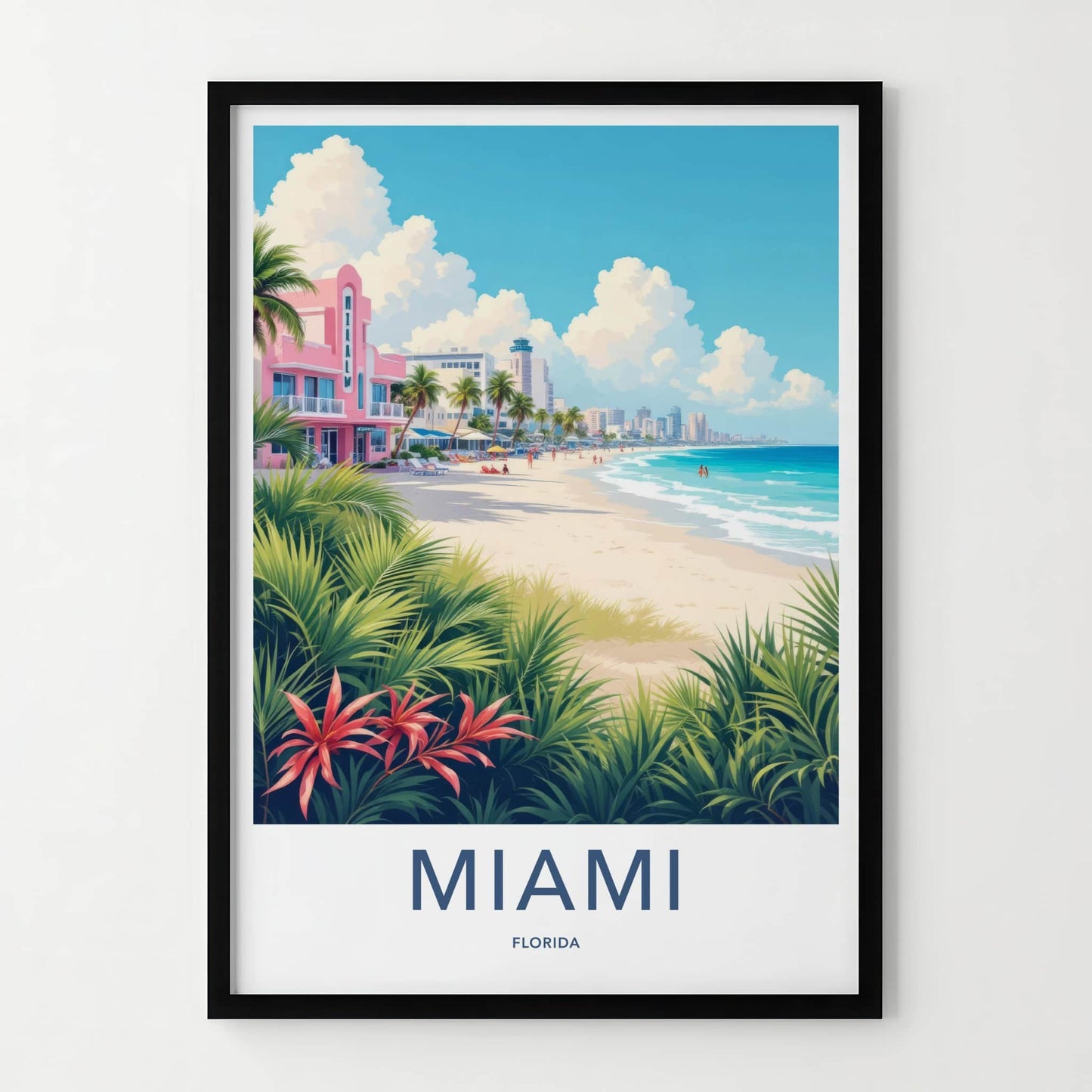 Miami Poster - Florida Travel Art - Pink Art Deco Beach Wall Decor