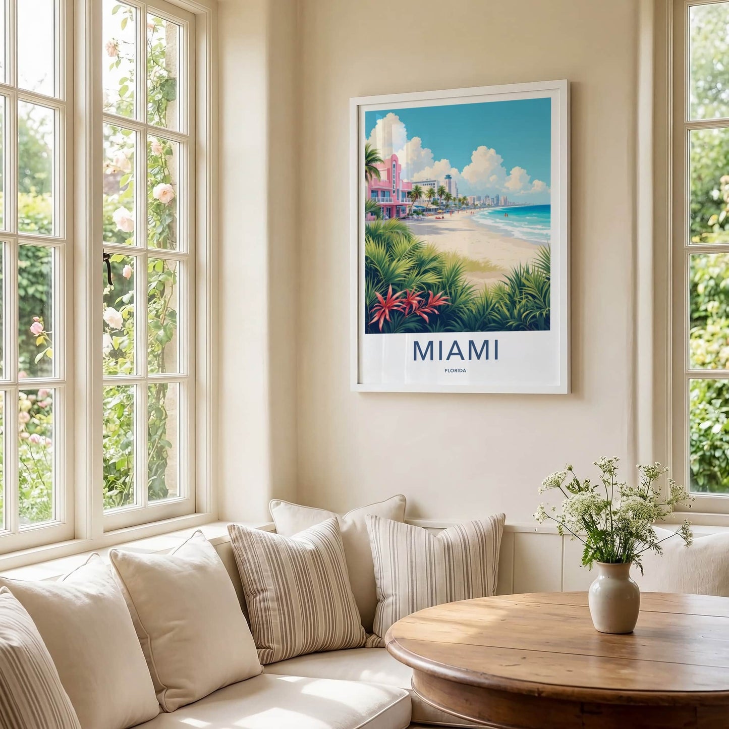 Miami Poster - Florida Travel Art - Pink Art Deco Beach Wall Decor