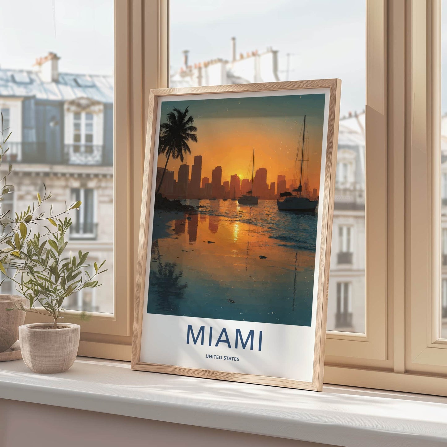 Miami Poster - Florida Travel Art - Sunset Cityscape Boats Home Decor