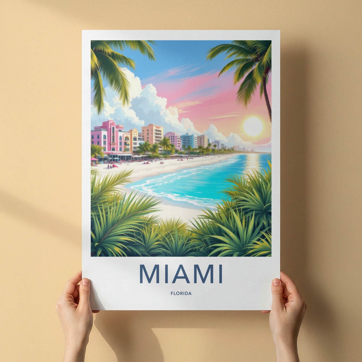 Miami Poster - Florida Travel Art - Tropical Beach Sunset Home Decor