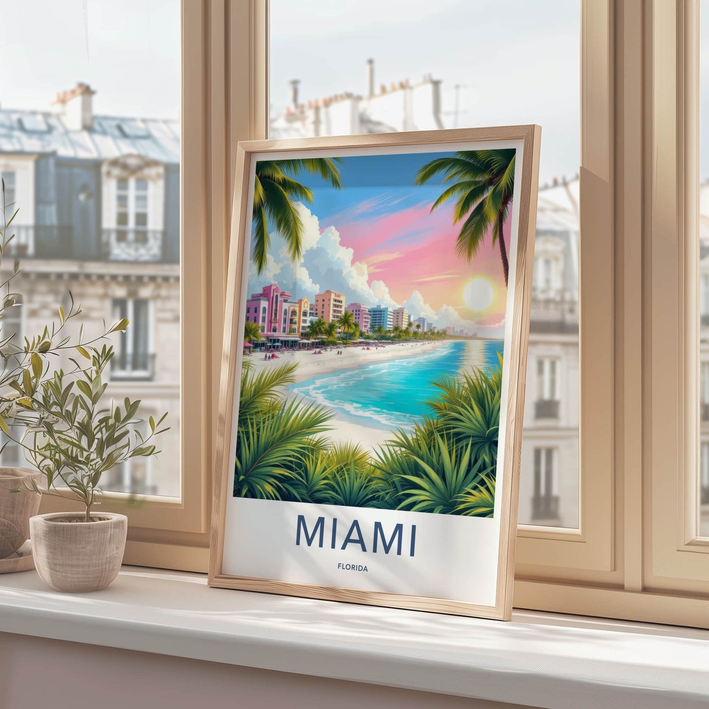 Miami Poster - Florida Travel Art - Tropical Beach Sunset Home Decor