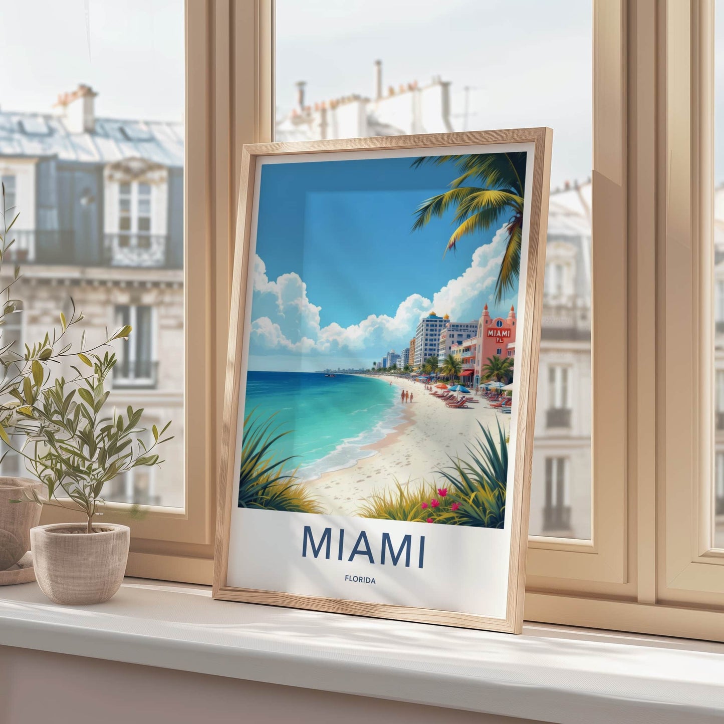 Miami Poster - Florida Travel Art - Vibrant Oceanfront Scene Wall Decor