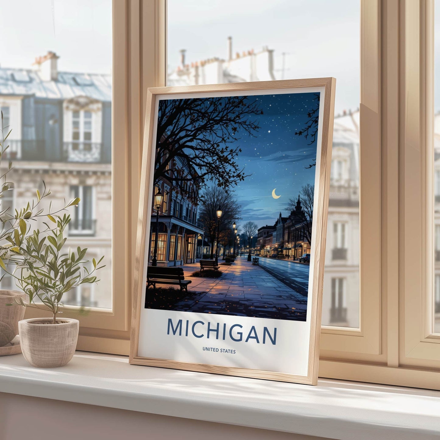Michigan Poster - Michigan Travel Art - Starry Street Evening Home Decor