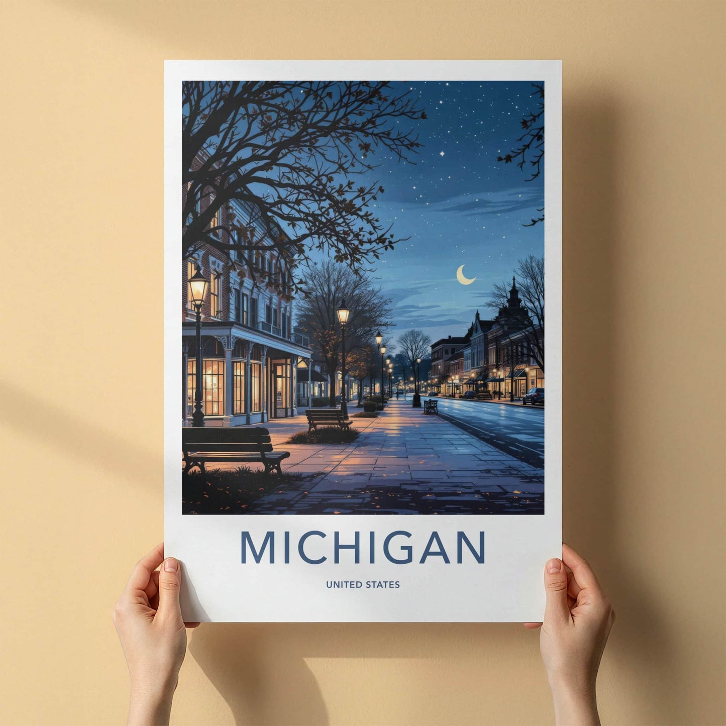 Michigan Poster - Michigan Travel Art - Starry Street Evening Home Decor
