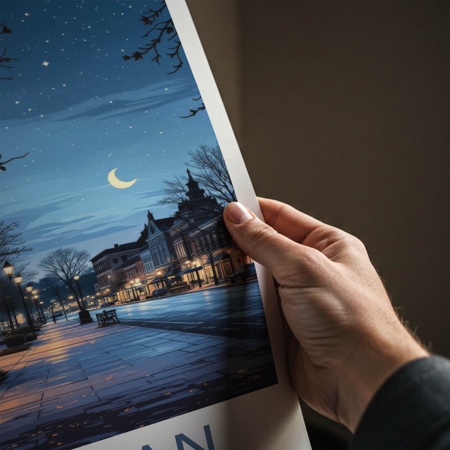 Michigan Poster - Michigan Travel Art - Starry Street Evening Home Decor