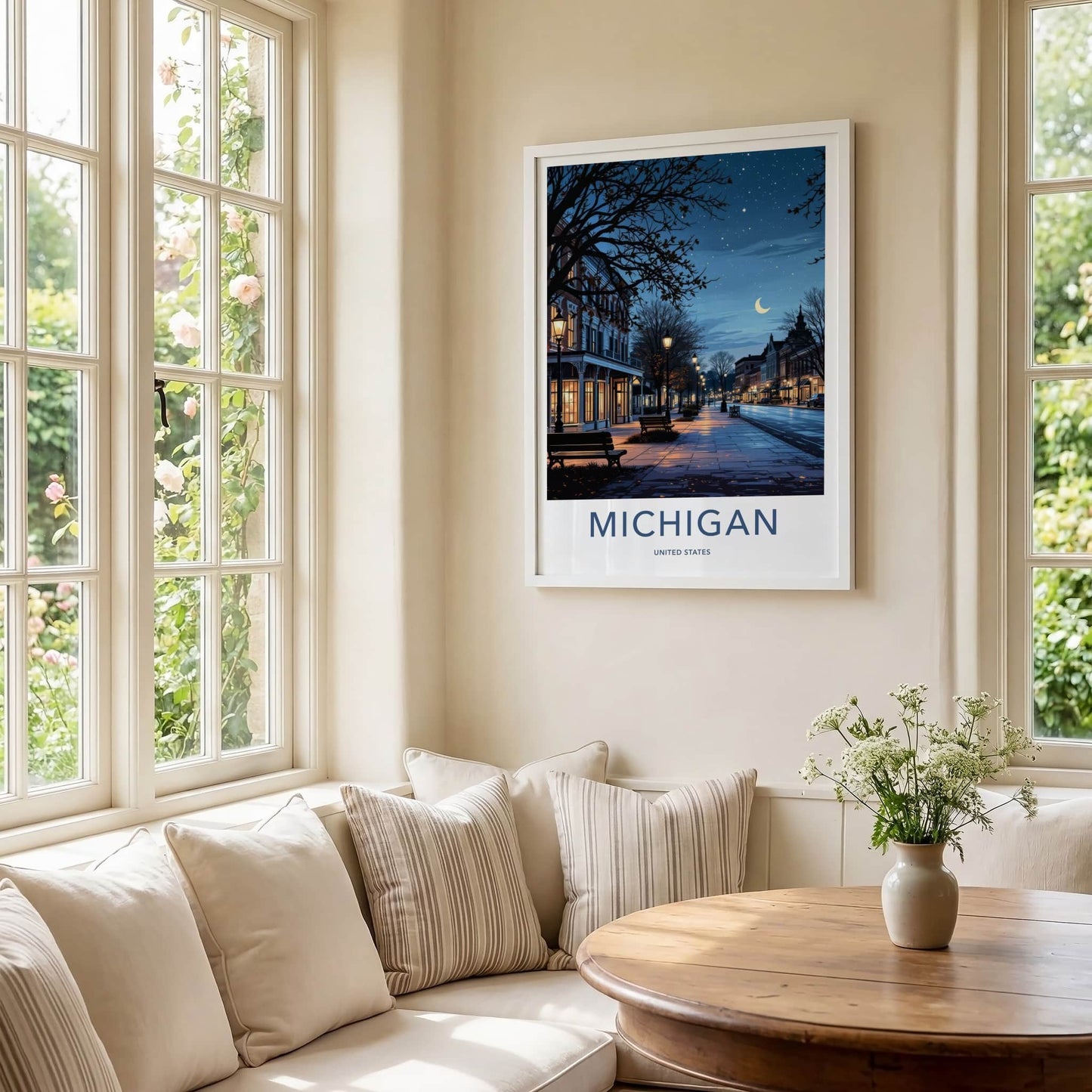 Michigan Poster - Michigan Travel Art - Starry Street Evening Home Decor