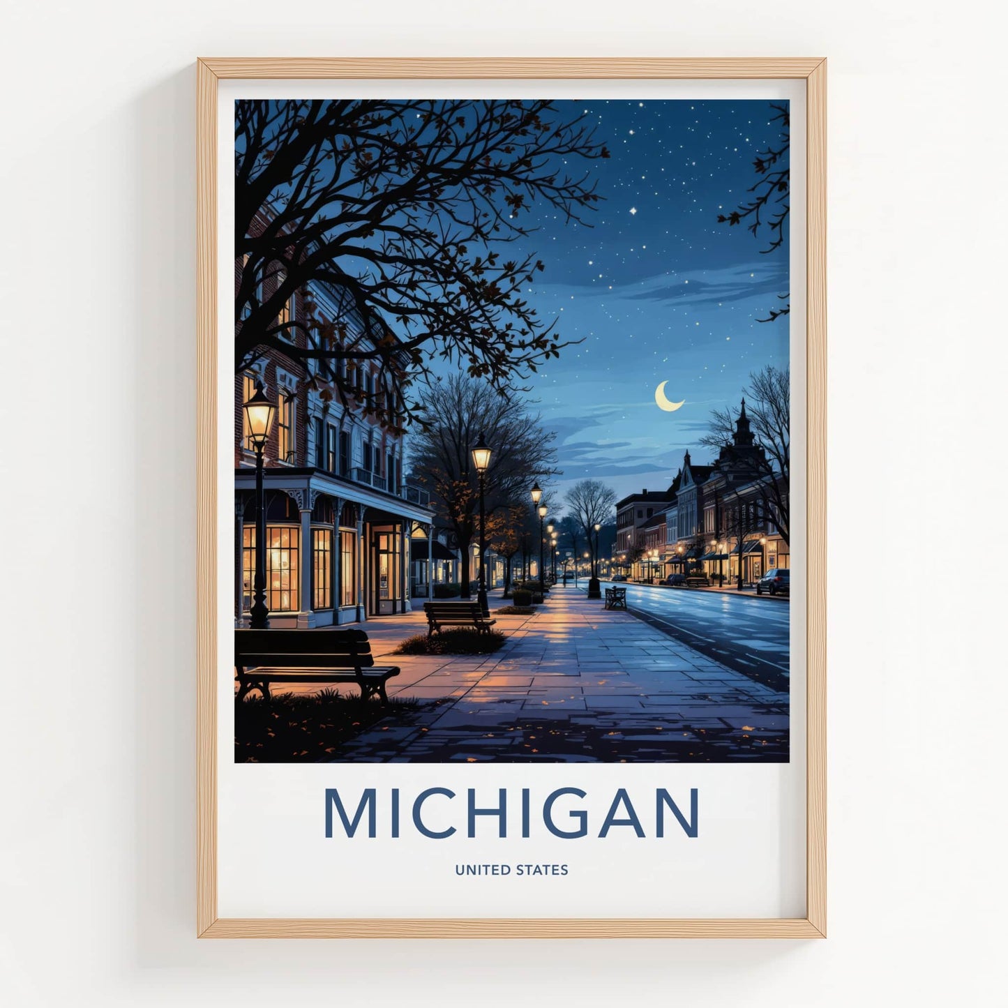 Michigan Poster - Michigan Travel Art - Starry Street Evening Home Decor