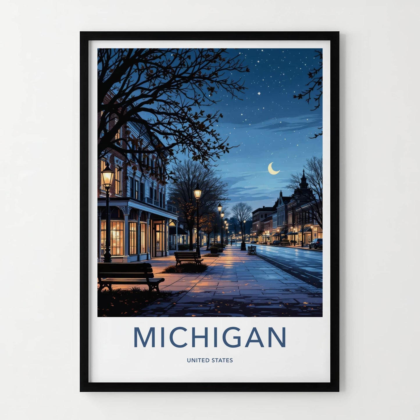 Michigan Poster - Michigan Travel Art - Starry Street Evening Home Decor