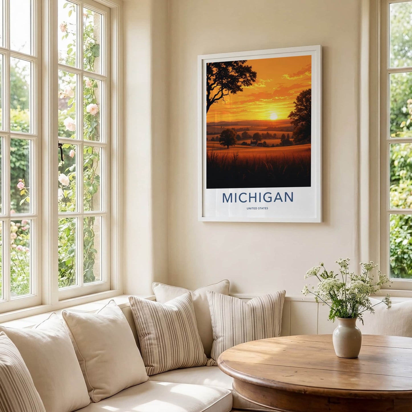 MICHIGAN Poster - Michigan Travel Print - Golden Field Sunset Wall Decor