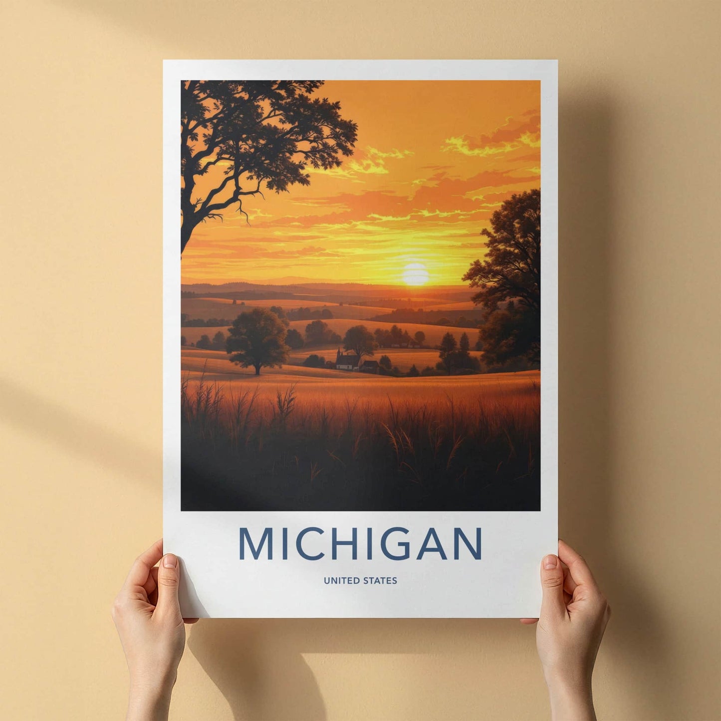 MICHIGAN Poster - Michigan Travel Print - Golden Field Sunset Wall Decor