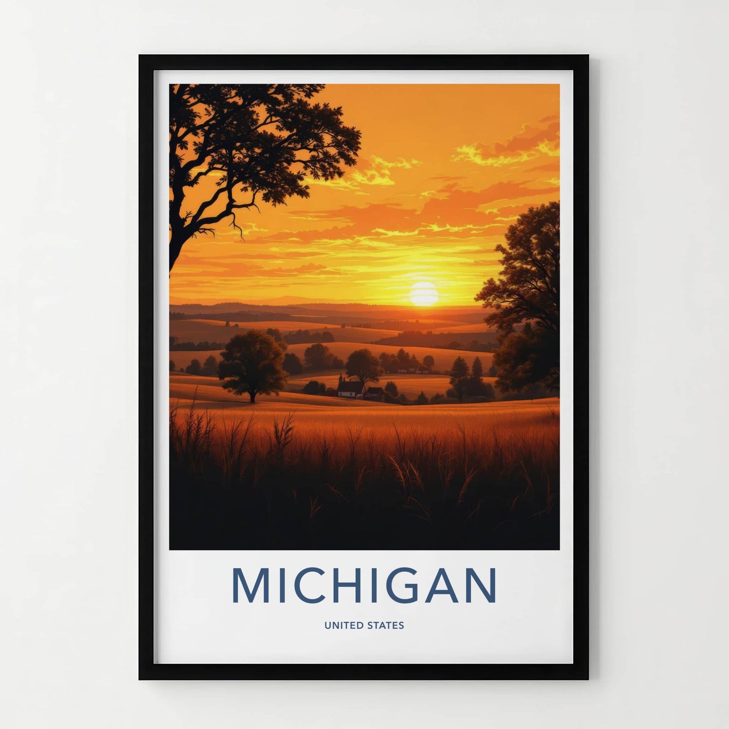 MICHIGAN Poster - Michigan Travel Print - Golden Field Sunset Wall Decor