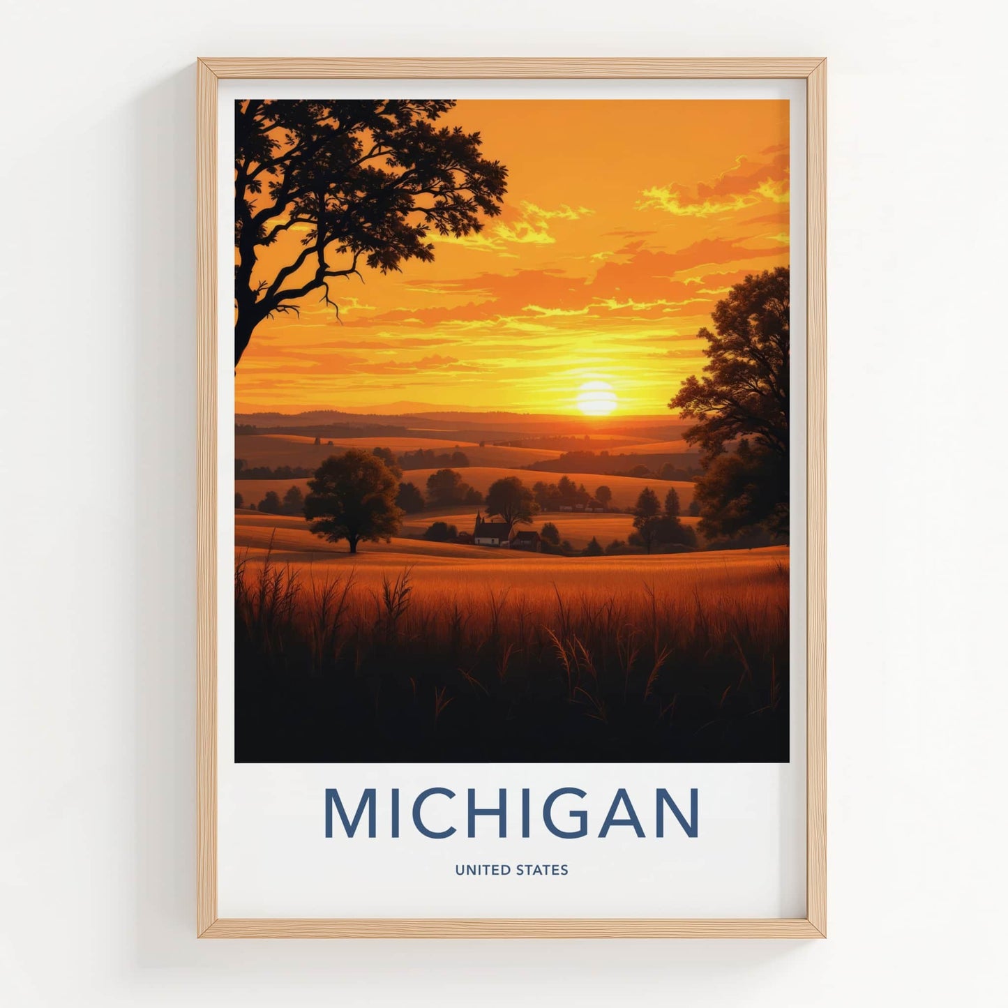 MICHIGAN Poster - Michigan Travel Print - Golden Field Sunset Wall Decor