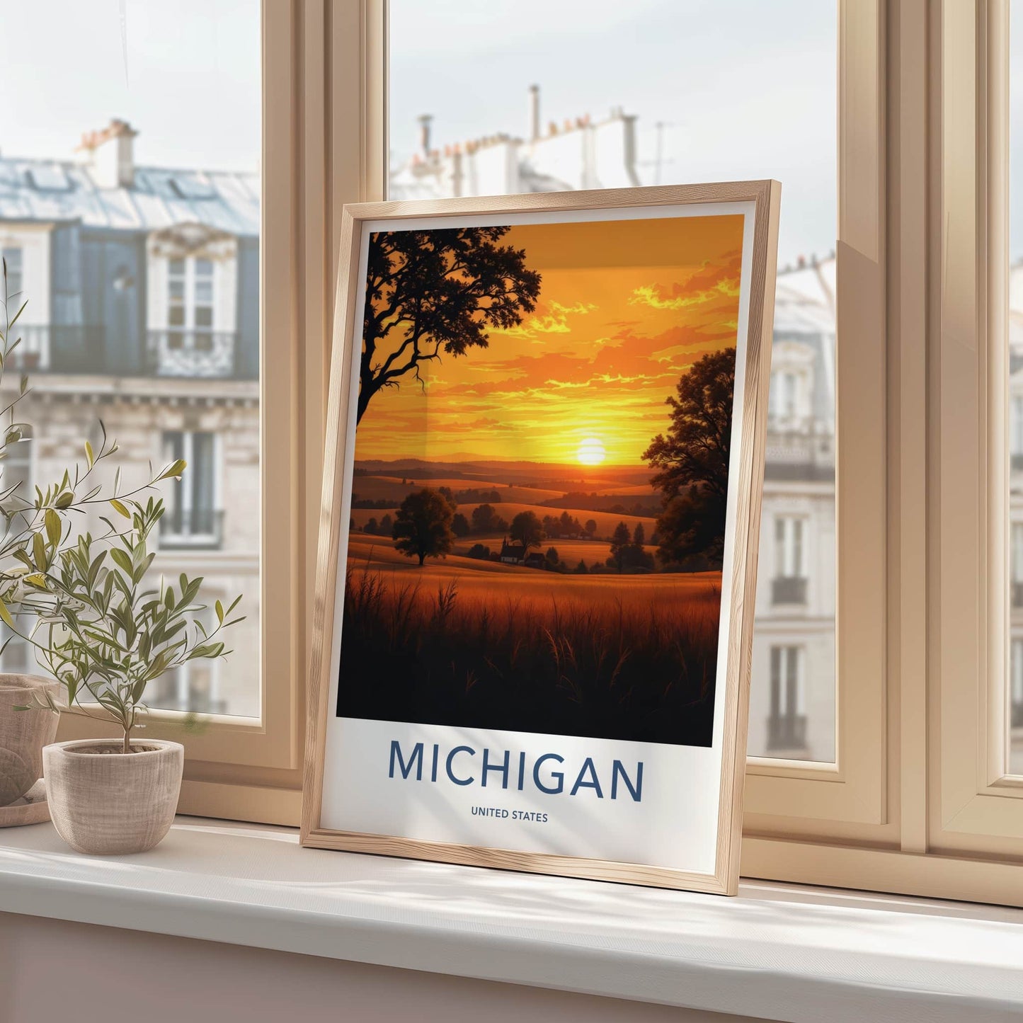 MICHIGAN Poster - Michigan Travel Print - Golden Field Sunset Wall Decor