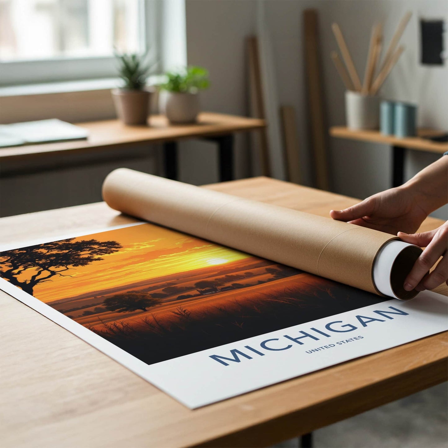 MICHIGAN Poster - Michigan Travel Print - Golden Field Sunset Wall Decor