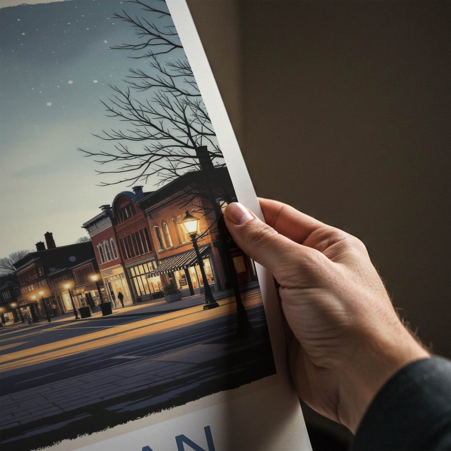 Michigan Poster - Michigan Travel Print - Starry Winter Night Wall Decor