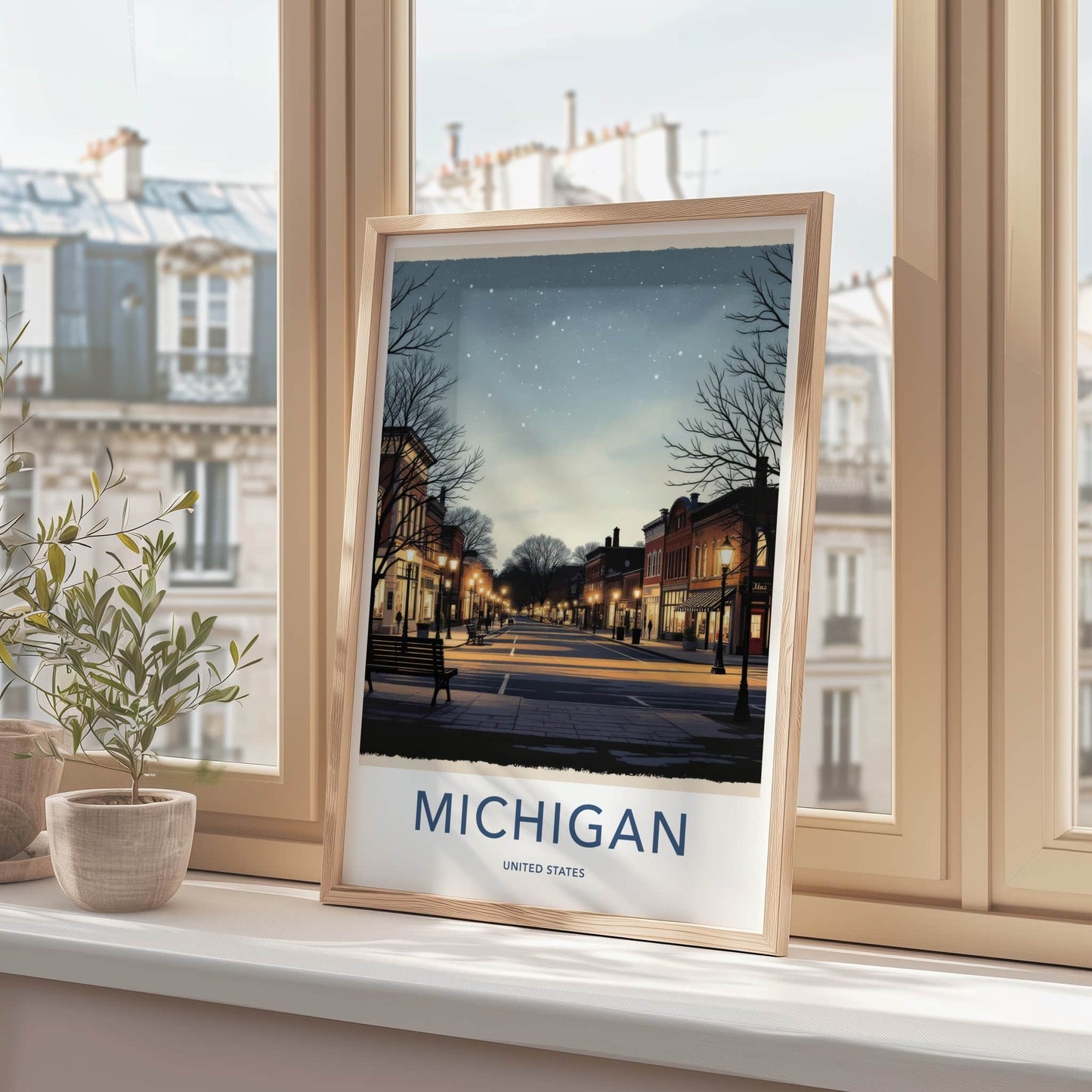 Michigan Poster - Michigan Travel Print - Starry Winter Night Wall Decor