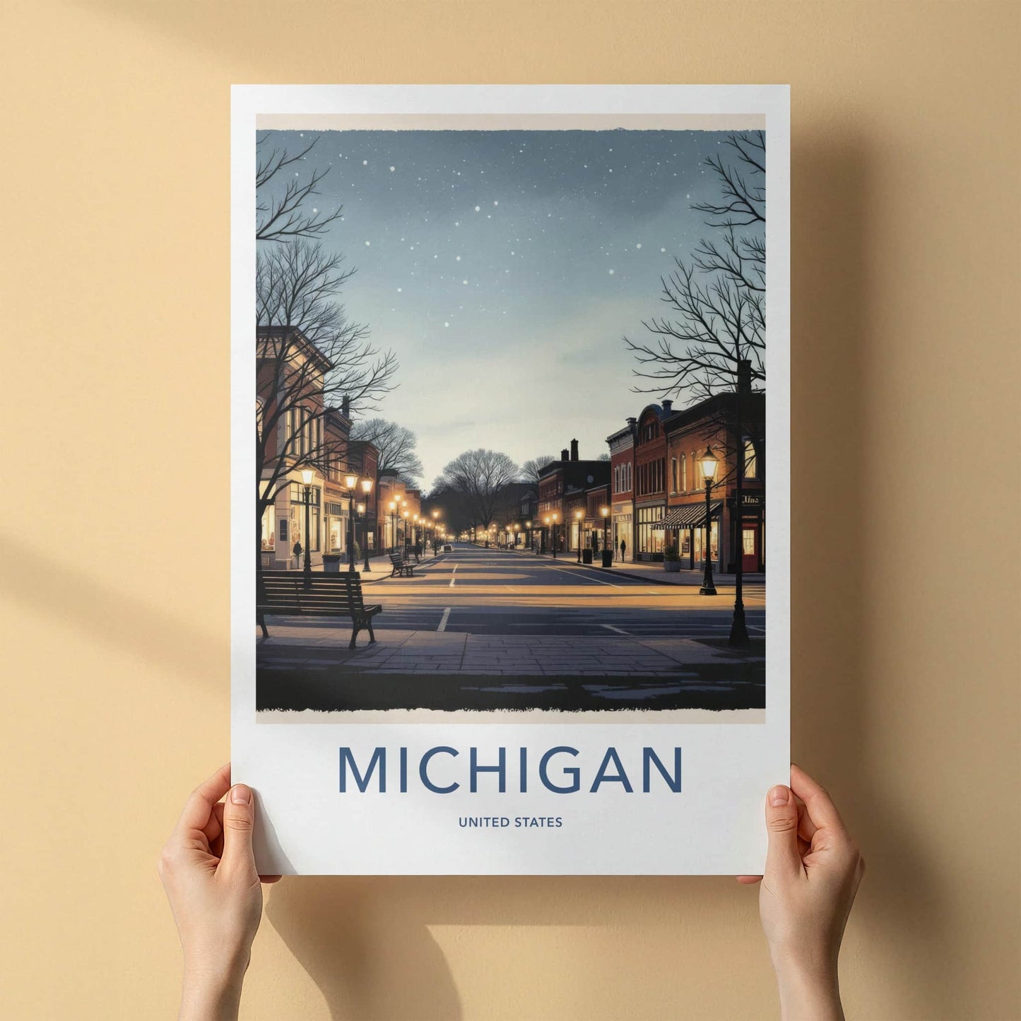 Michigan Poster - Michigan Travel Print - Starry Winter Night Wall Decor