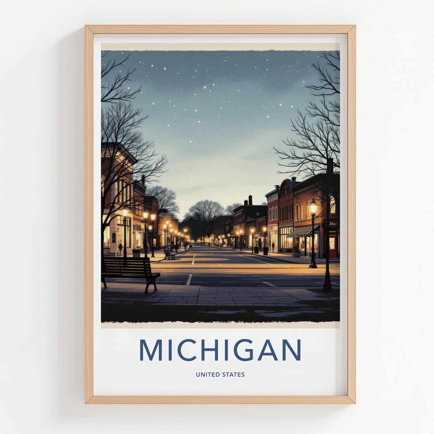Michigan Poster - Michigan Travel Print - Starry Winter Night Wall Decor