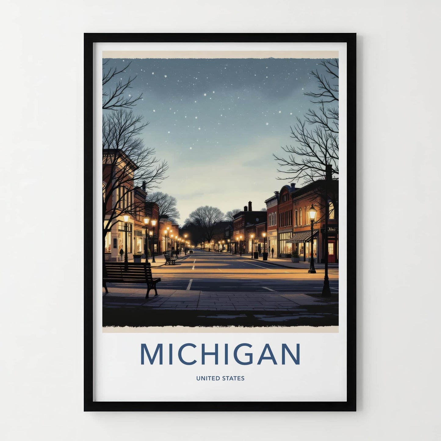 Michigan Poster - Michigan Travel Print - Starry Winter Night Wall Decor