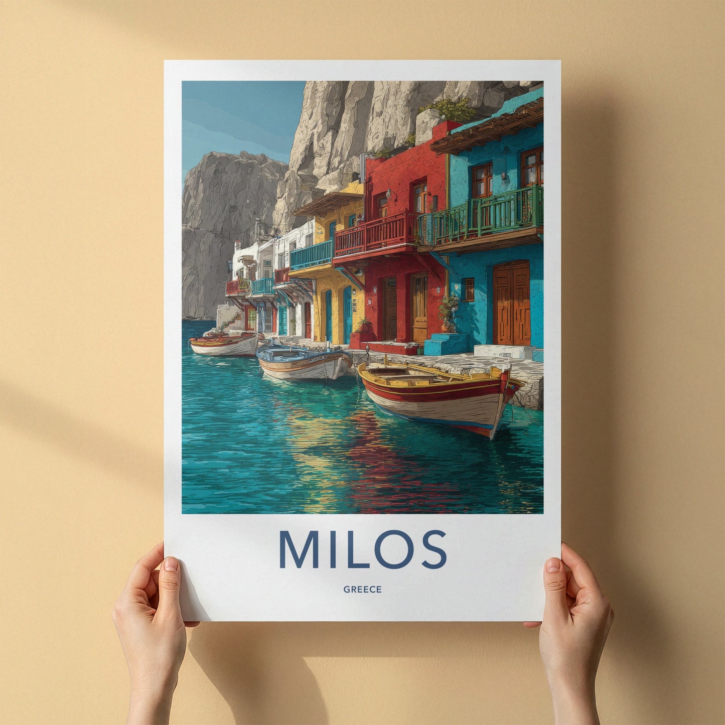 Milos Poster - Greece Travel Art - Colorful Houses Boats Wall Decor