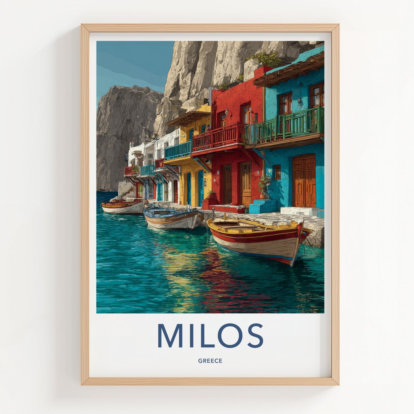 Milos Poster - Greece Travel Art - Colorful Houses Boats Wall Decor