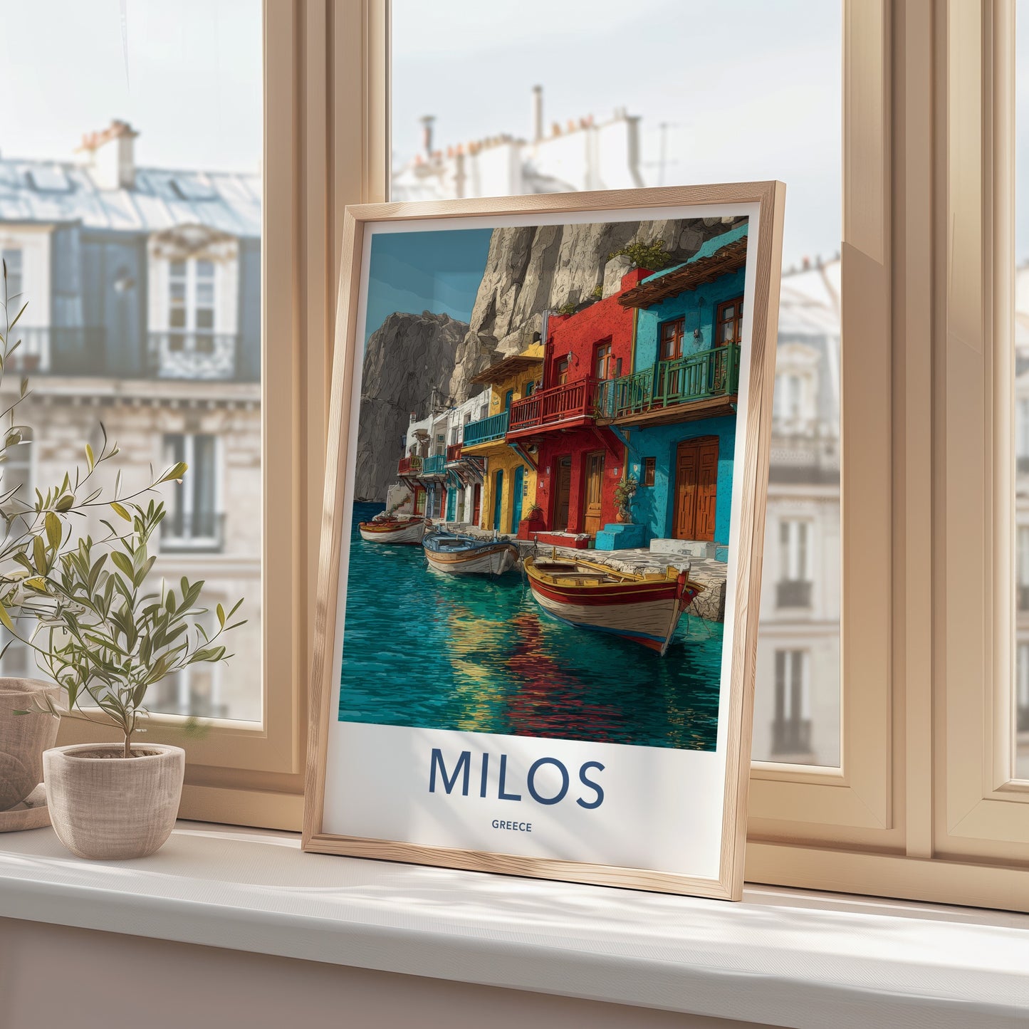 Milos Poster - Greece Travel Art - Colorful Houses Boats Wall Decor