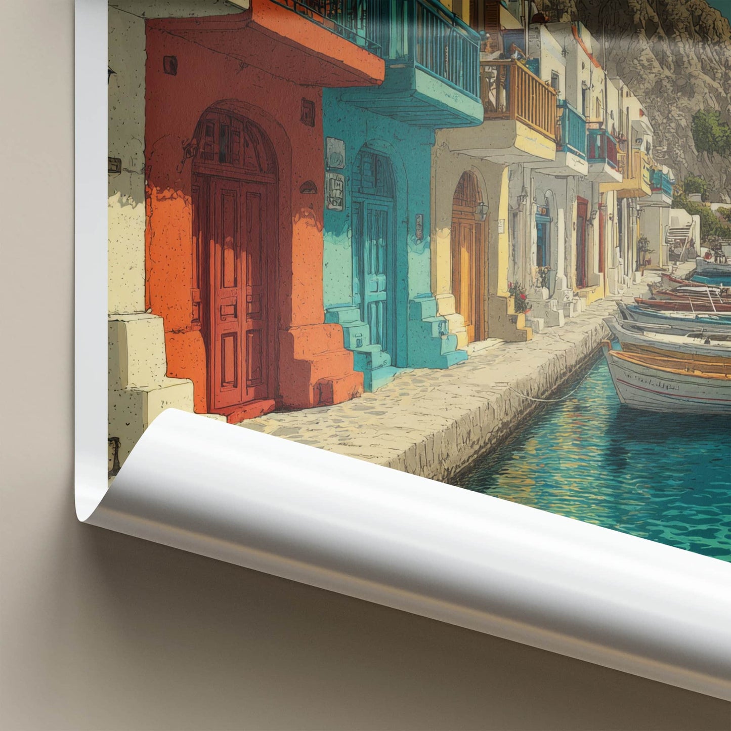 Milos Poster - Greece Travel Art - Waterfront Houses Boats Home Art