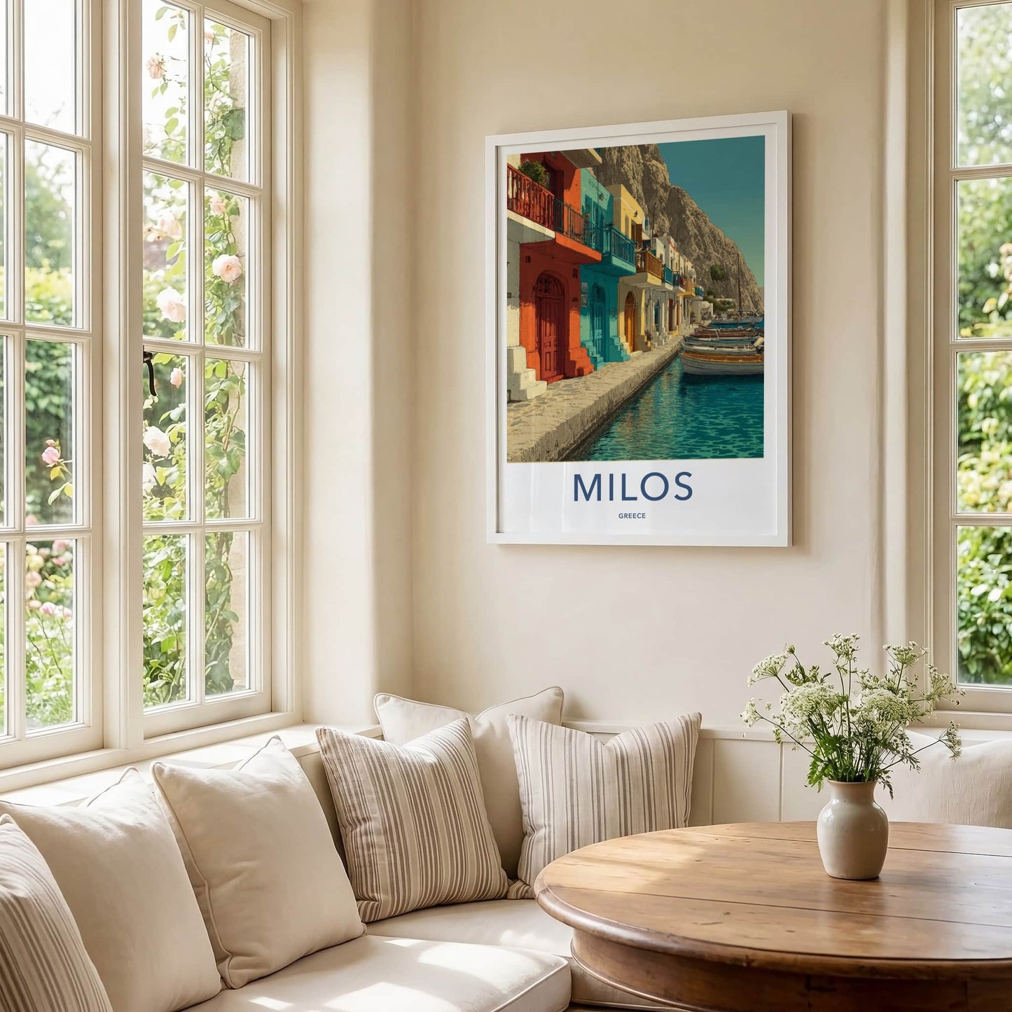 Milos Poster - Greece Travel Art - Waterfront Houses Boats Home Art