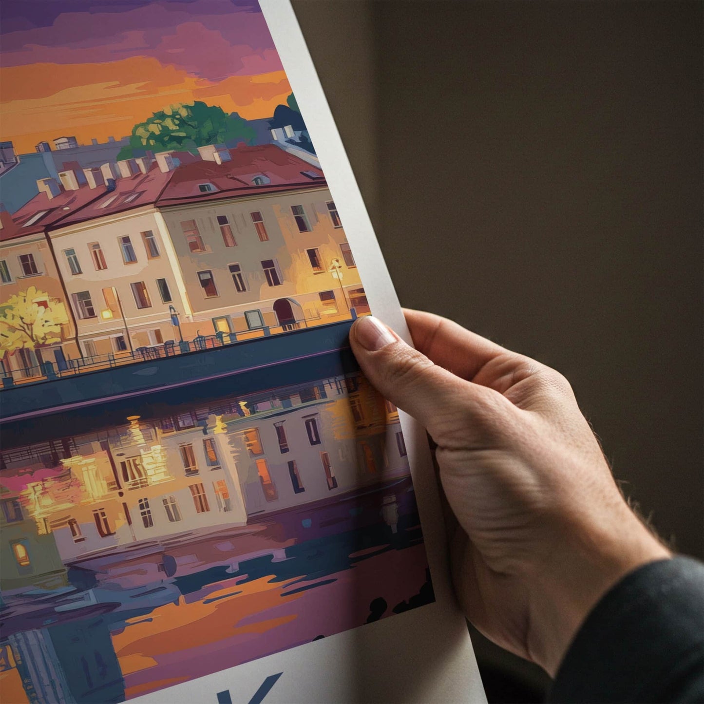 Minsk Poster - Belarus Travel Art - Dusk Riverside Buildings Home Decor