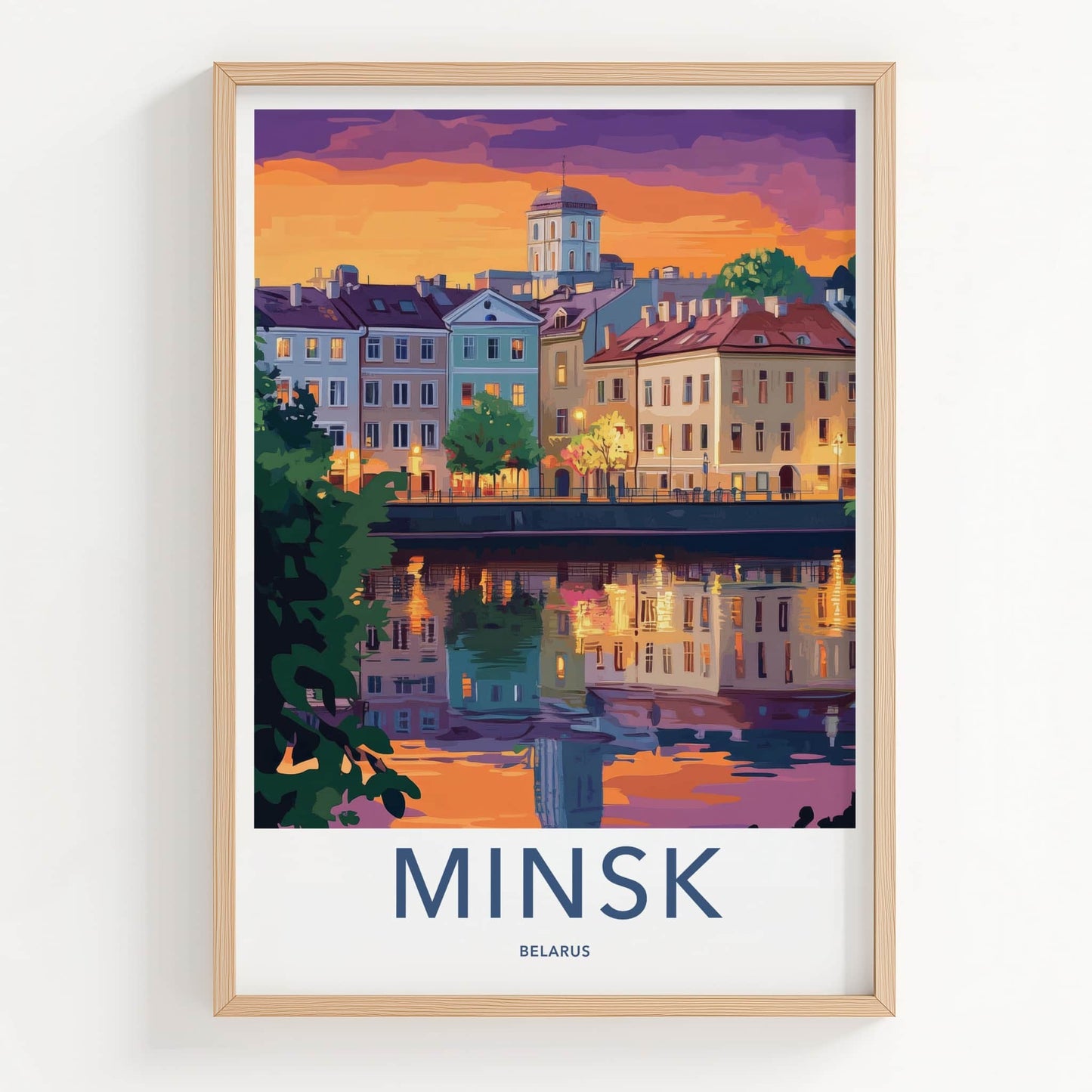Minsk Poster - Belarus Travel Art - Dusk Riverside Buildings Home Decor