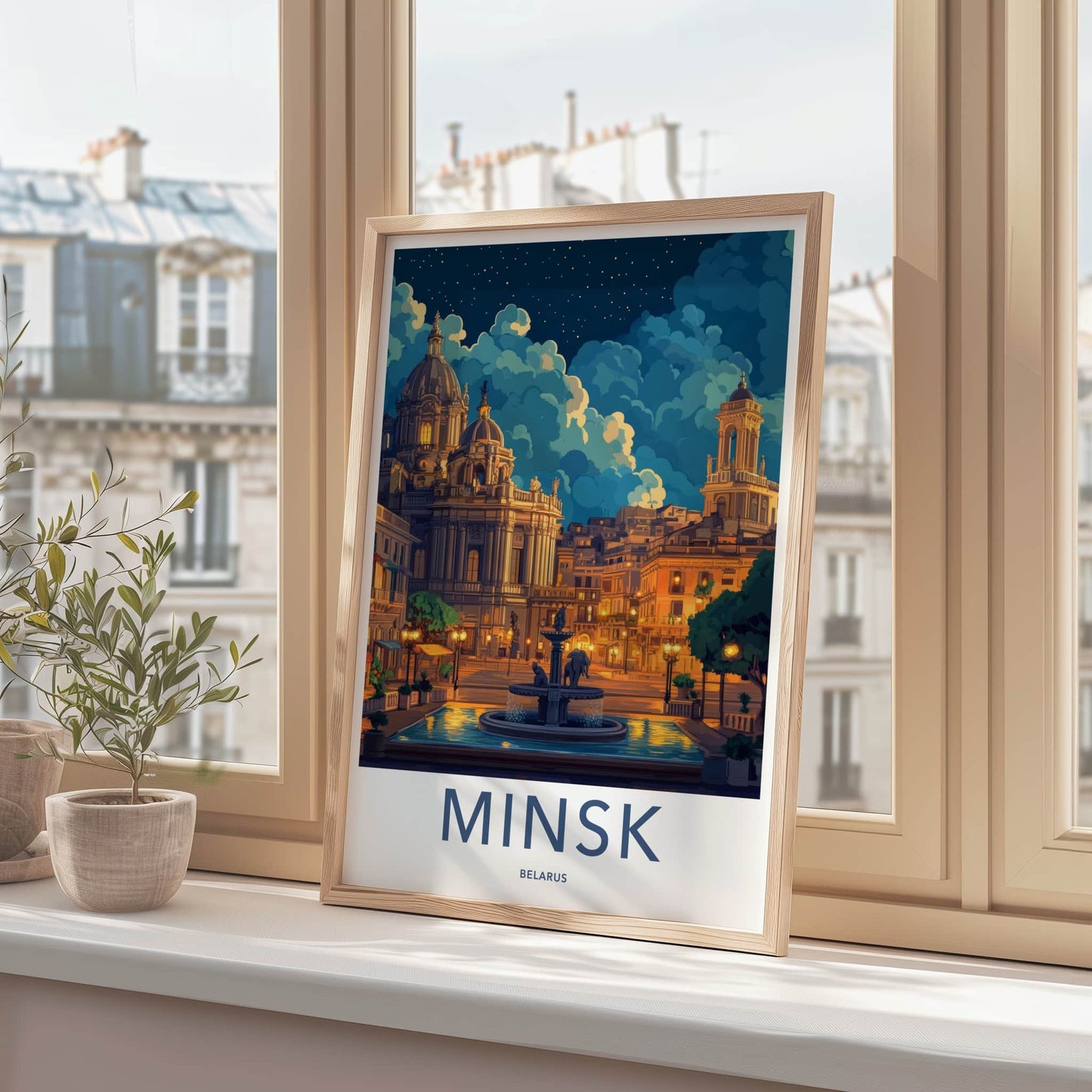 Minsk Poster - Belarus Travel Art - Illuminated City Fountain Home Decor