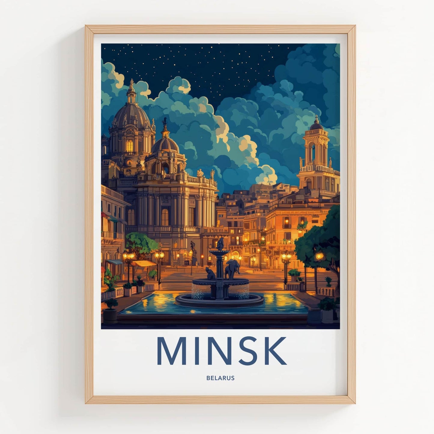 Minsk Poster - Belarus Travel Art - Illuminated City Fountain Home Decor