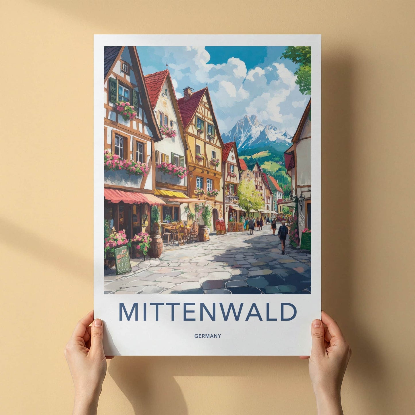 Mittenwald Poster - Germany Travel Art - Cobblestone Street Mountain Home Decor