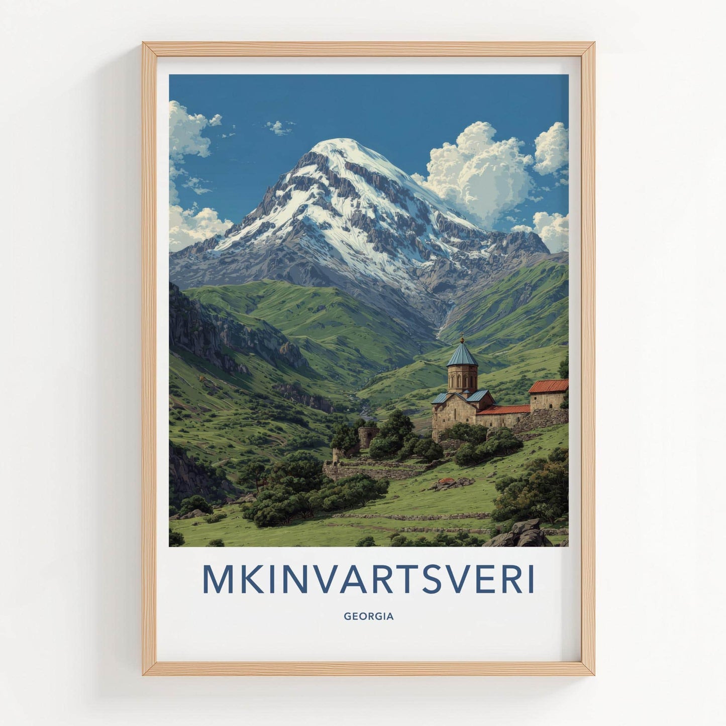 Mkinvartsveri Poster - Georgia Travel Art - Mountain Valley Monastery Home Decor