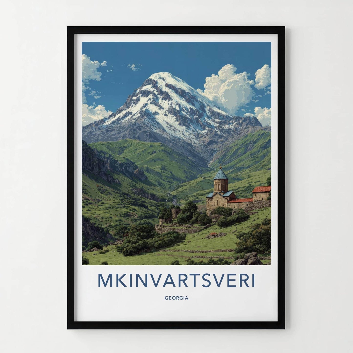 Mkinvartsveri Poster - Georgia Travel Art - Mountain Valley Monastery Home Decor