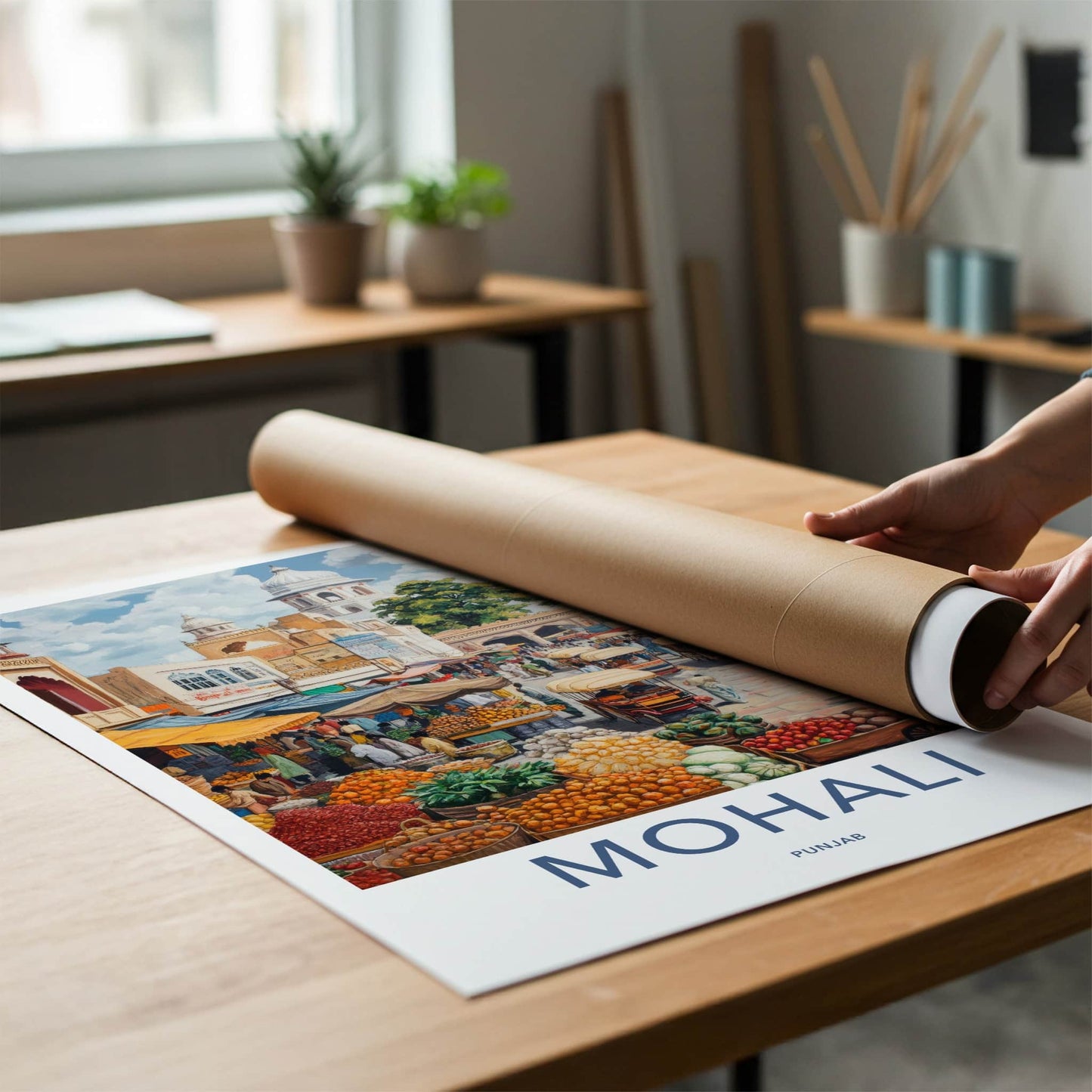 Mohali Poster - India Travel Art - Punjab Bustling Street Market Home Decor