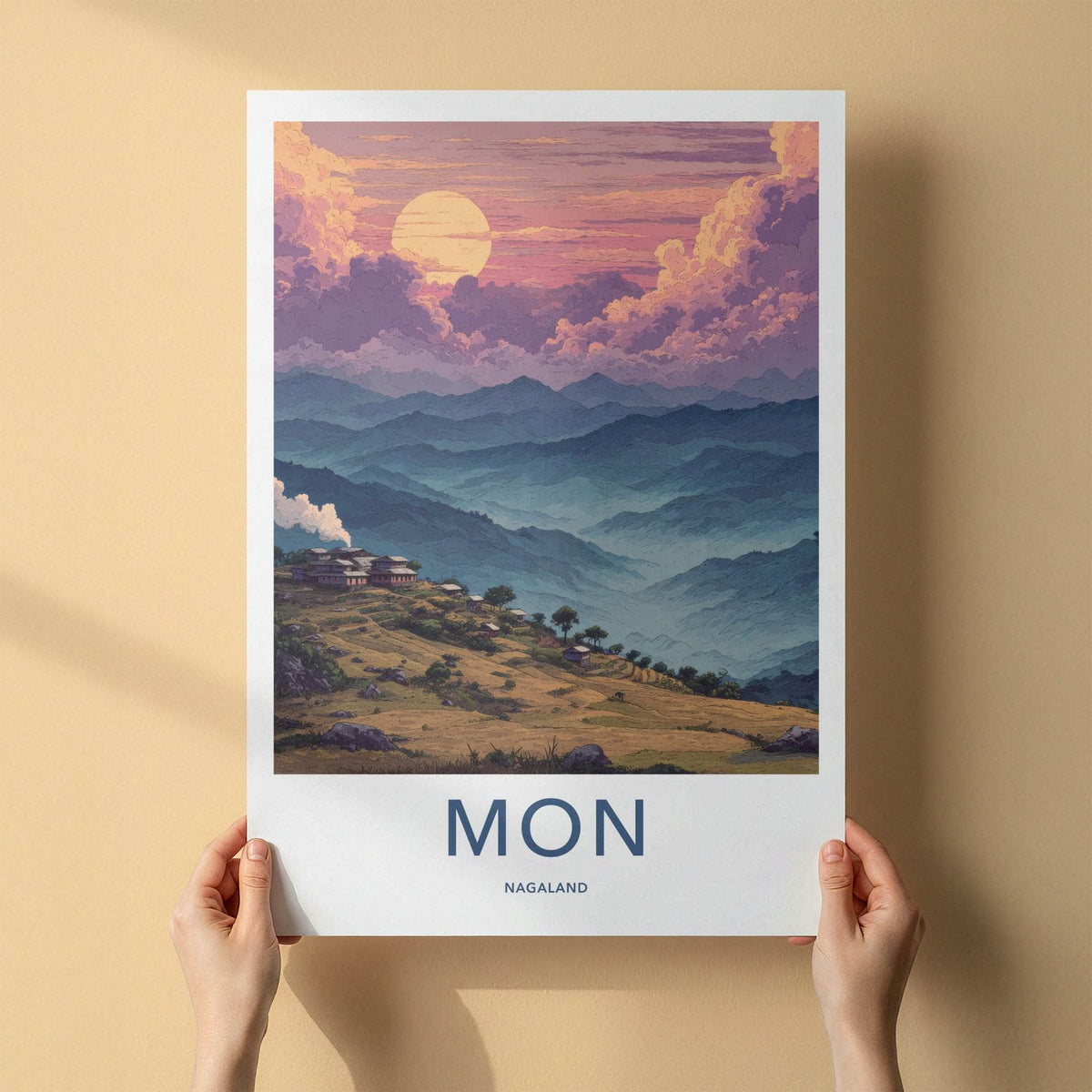 Mon Poster - Nagaland Hillside Village Sunset Travel Art