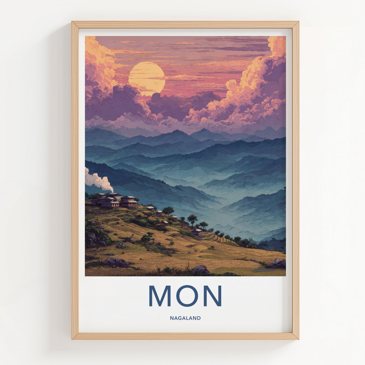 Mon Poster - Nagaland Hillside Village Sunset Travel Art
