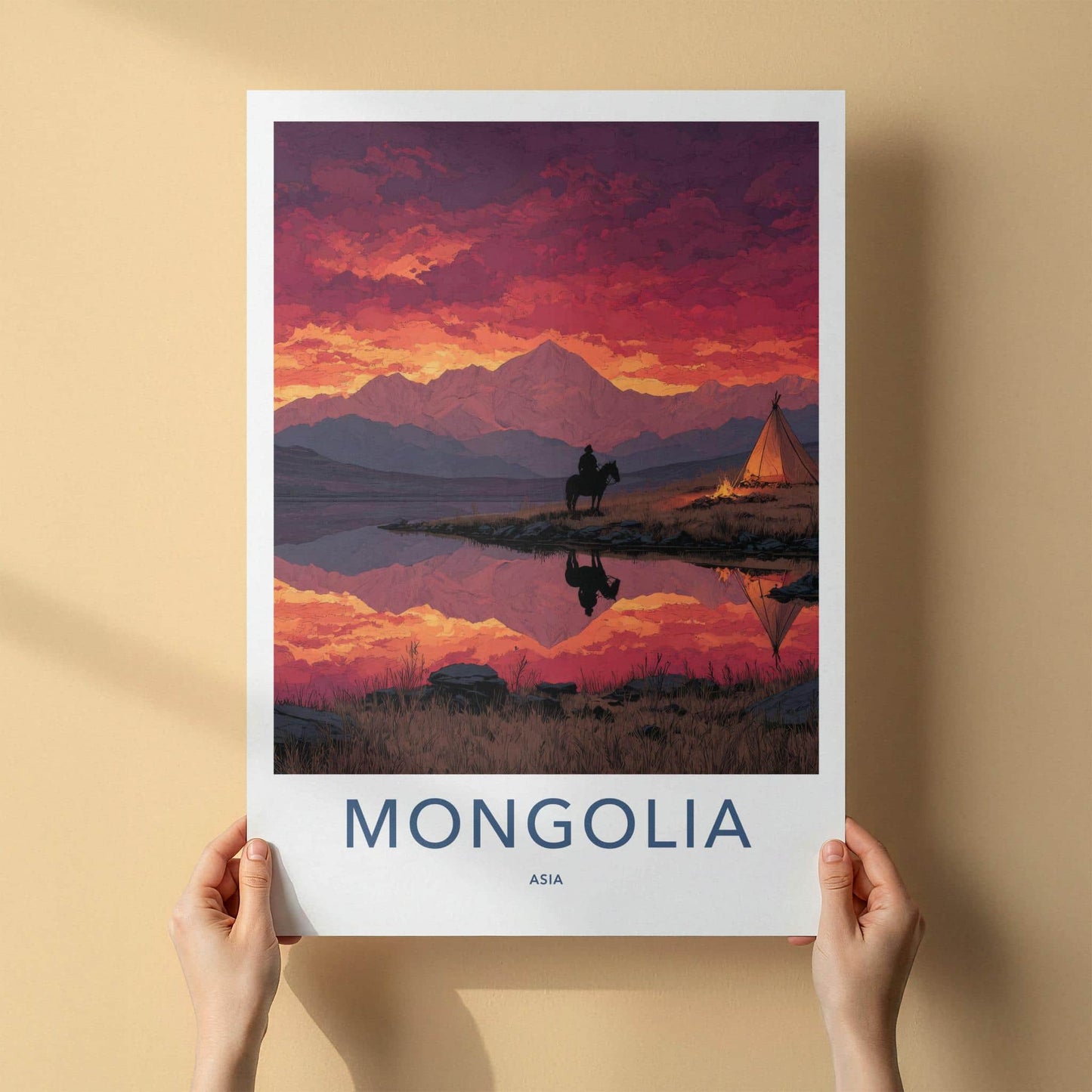 Mongolia Poster - Mongolia Art Print - Sunset Rider Campfire Gallery Art