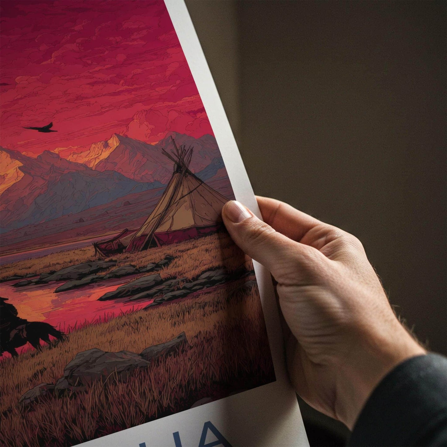 Mongolia Poster - Mongolia Travel Art - Rider Mountain Sunset Home Decor