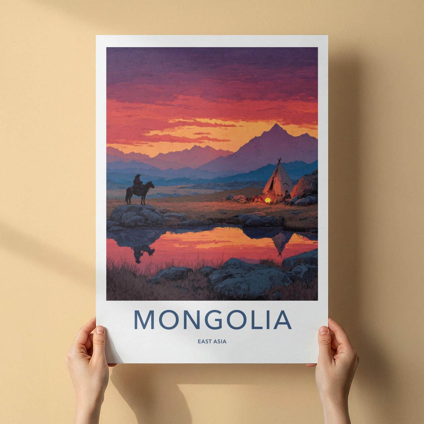 Mongolia Poster - Mongolia Travel Art - Vivid Sunset Camp Home Decor