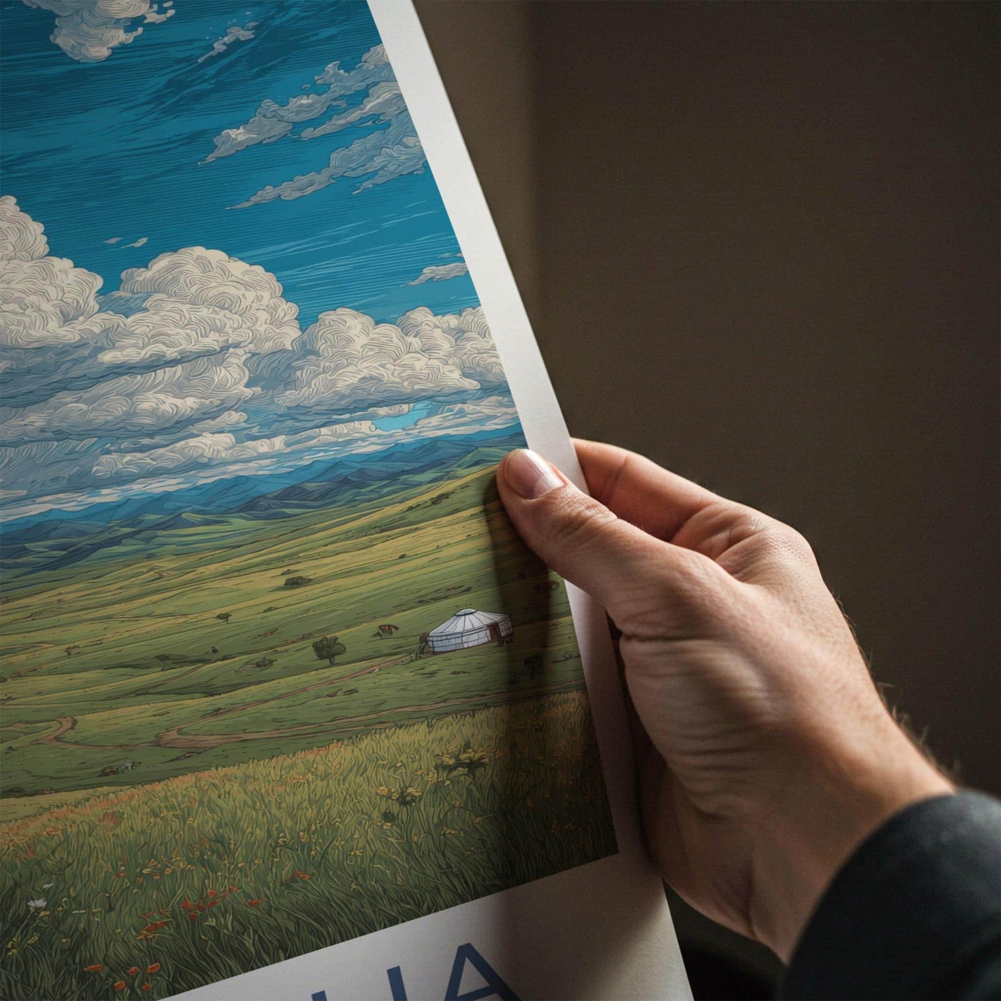 Mongolia Poster - Mongolia Travel Art - Yurt Village Valley Home Decor