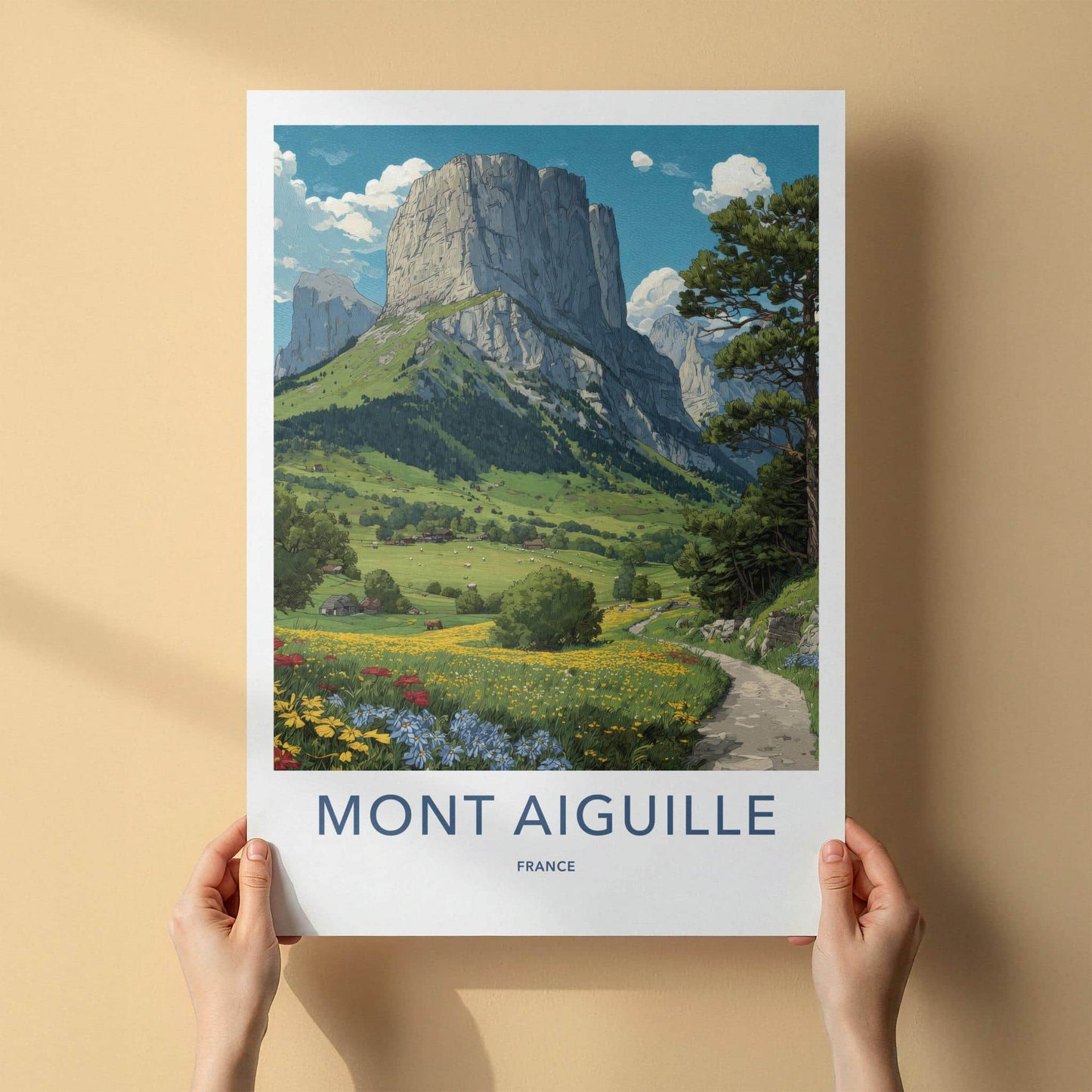 Mont Aiguille Poster - France Travel Art - Flowered Path Mountain Home Decor