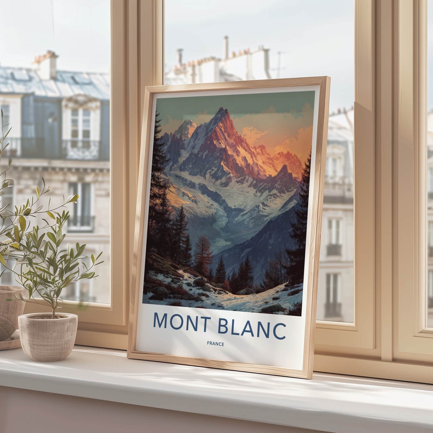 Mont Blanc Poster - France Travel Art - Alpenglow Mountain Valley Wall Decor