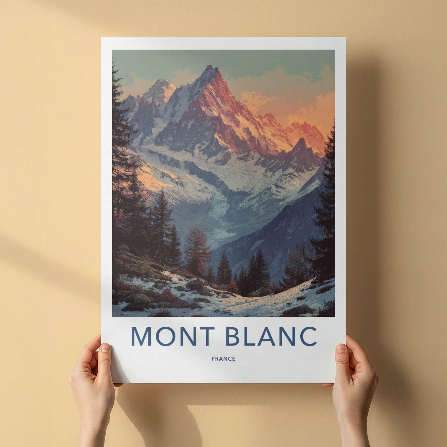 Mont Blanc Poster - France Travel Art - Alpenglow Mountain Valley Wall Decor